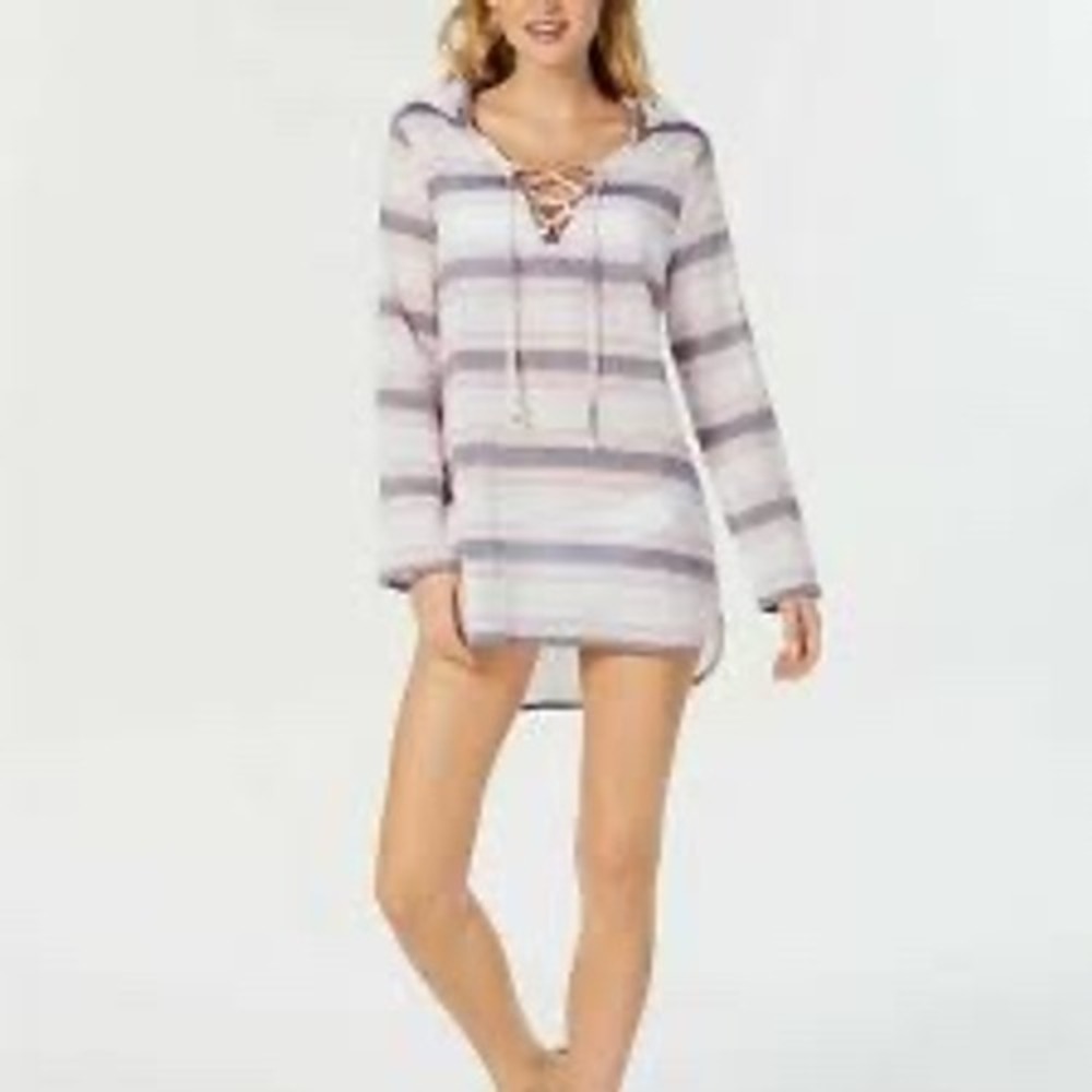 Miken Swim Womens XS Striped Hooded Lace Up Beach Cover Up Cotton Gauze